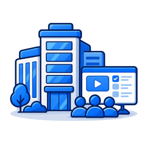 Blue office buildings beside a group of colleagues and a screen showing a video lesson with a completed checklist.