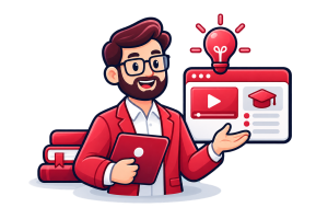 An expert in glasses and a red jacket presents a course window showing a video lesson and a graduation cap, with a lightbulb above it and a stack of books beside him.