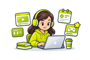 A learner in a lime hoodie and headphones works at a laptop, surrounded by panels for video lessons, audio, a progress checklist and a game controller, with books and a coffee cup on the desk.