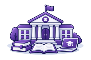 A purple university building with columns and a flag, beside an open book, a graduation cap and a laptop.