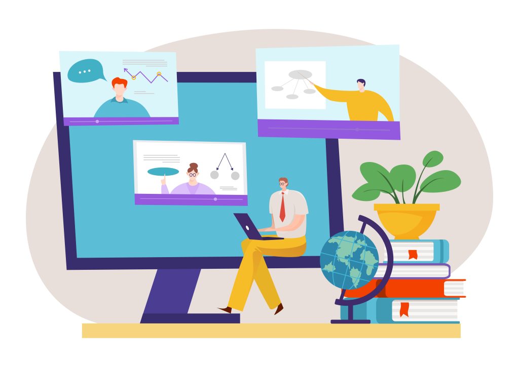 An illustration of a person working at a laptop in front of an oversized monitor showing three colleagues in video-call windows.