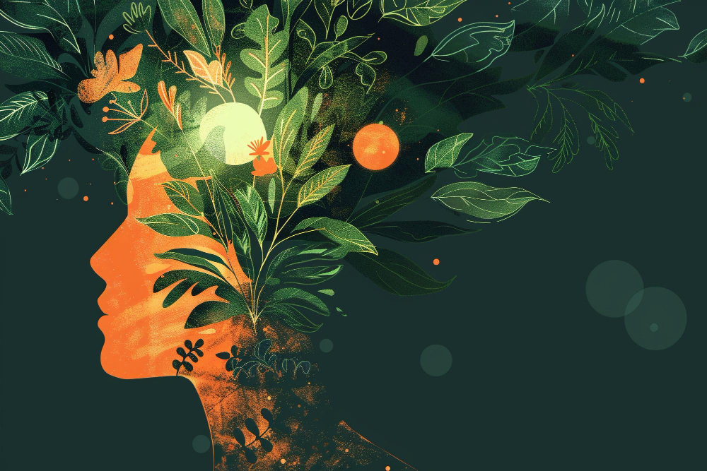 A lone person sits thoughtfully on a rocky hillside overlooking mist-covered mountains and a winding river at sunrise. Subtle glowing lines and interconnected points stretch across the sky, symbolising the power of thought.
